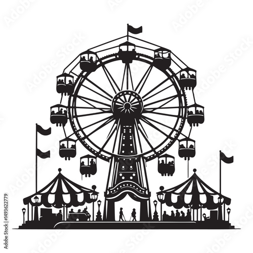 Black and White Ferris Wheel Silhouette Vector for Funfair Illustration