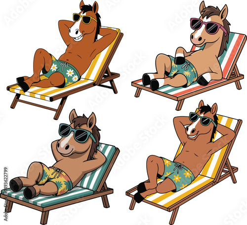 Cute Cartoon Horse Relaxing on Beach Chair vector illustration