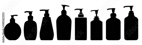Set of black silhouettes of soap dispensers and pump bottles.