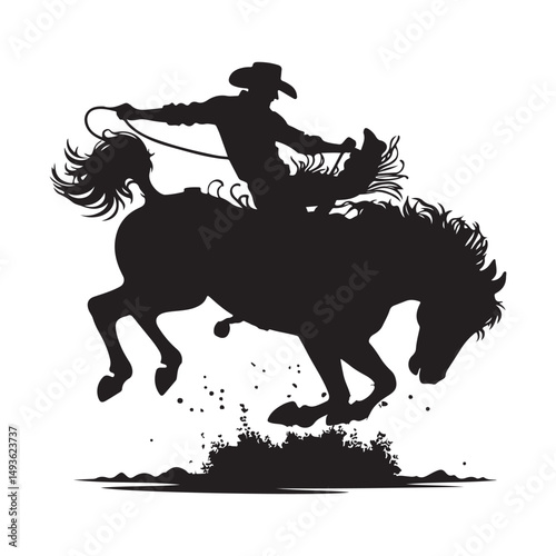Wild Rodeo Cowboy Silhouette Riding a Bucking Bronco Vector Image