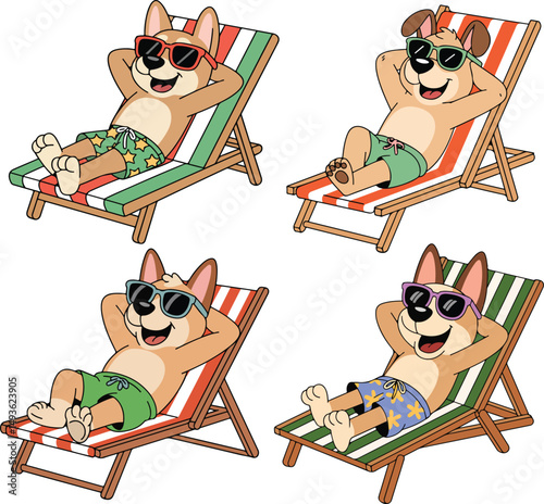 Cartoon Dog Relaxing on Beach Chair with Sunglasses and Swim Trunks vector illustration