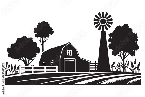 Silhouette Country Farm Scene Illustration with Barn and Windmill