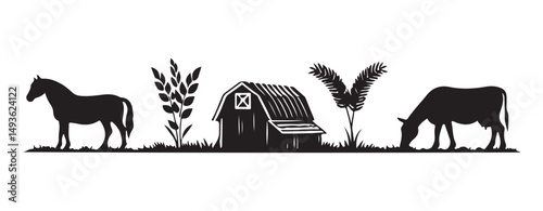 Farm Life Silhouette Illustration Horse Barn Cow Vector Graphic Design