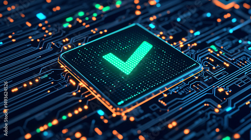 green check mark on a to do checklist. Digital circuit board with a glowing checkmark icon.
