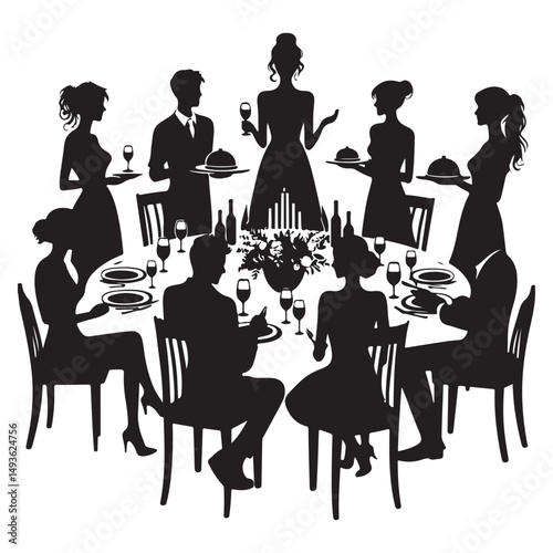 Silhouette Formal Dinner Party Celebration Elegant People Around Table Vector
