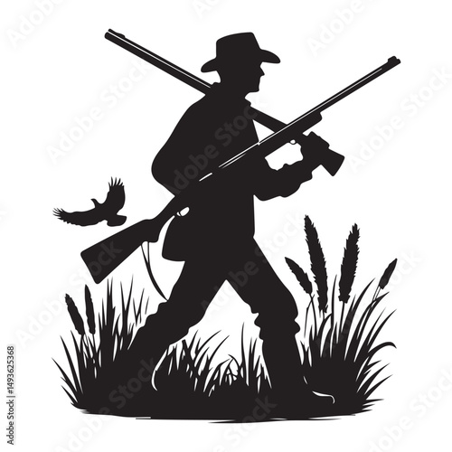 Hunting Silhouette Vector Art Hunter with Rifles in Nature