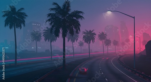 Driving Along City Road with Palm Trees and Colorful Lights at Night
