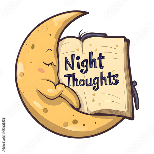 A sleepy moon hugging a journal that says 