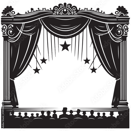 Elegant Theater Stage Vector Silhouette with Stars and Audience