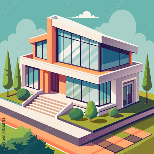 vector illustration of a modern house, An illustration of a modern two story house with a front porch, a yard, and trees.
