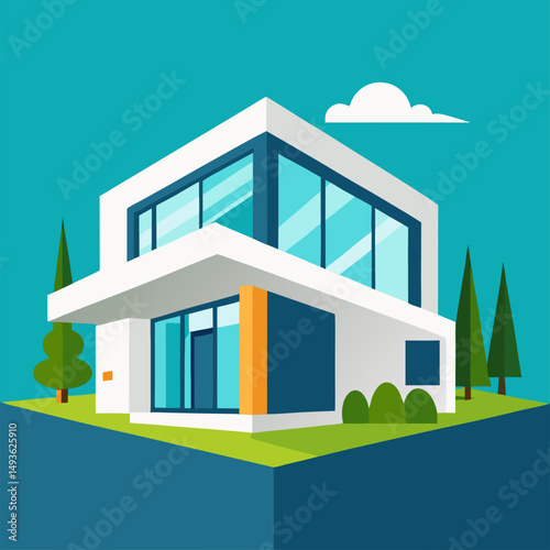 vector illustration of a modern house, An illustration of a modern two story house with a front porch, a yard, and trees.