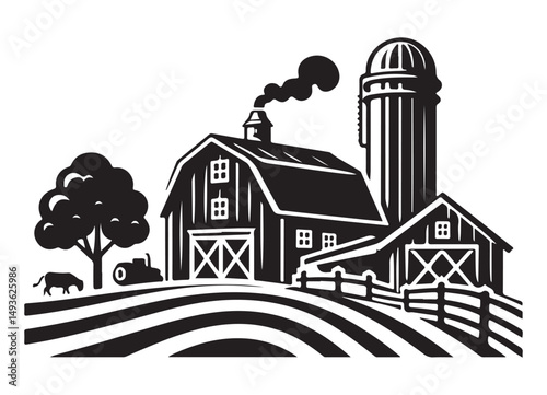Vintage Farm Silhouette Vector Illustration Rural Agriculture Landscape Design