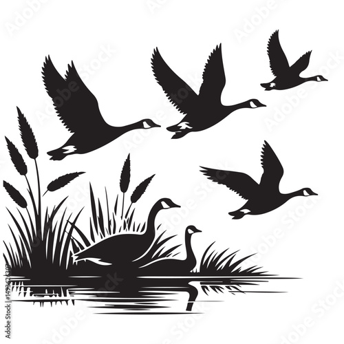 Geese Flying Silhouette Vector Image on Lake for Nature Design Project
