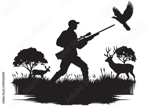 Silhouette Hunting Scene Vector Illustration with Deer and Bird