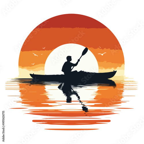 Kayaking Sunset Silhouette Vector Illustration Outdoor Adventure Artwork
