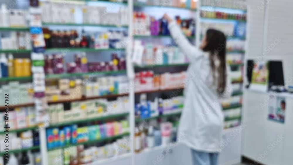 Defocused drugstore view with a young woman pharmacist working as storing the medicines on shelves. Healthcare and cosmetics industry blurred scene