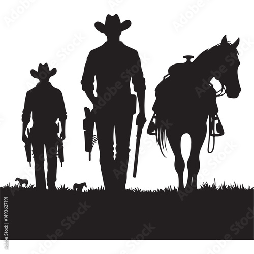 Western Cowboy Silhouette Illustration Art with Horse and Guns