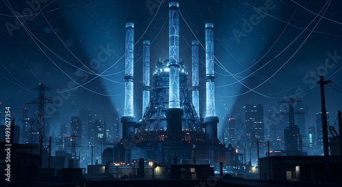 Futuristic Power Plant at Night with Glowing Blue Energy