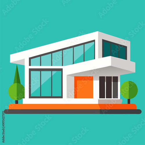 vector illustration of a modern house, An illustration of a modern two story house with a front porch, a yard, and trees.