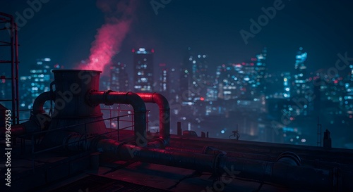 Rooftop Pipes with Rising Smoke in City Nightscape