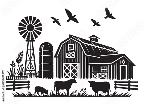 Detailed Farm Scene Silhouette Vector Graphic Rustic Agricultural Setting
