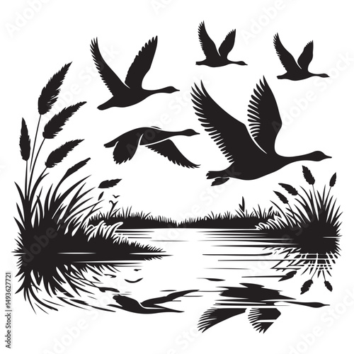 Scenic geese flying over marshland silhouette vector design element