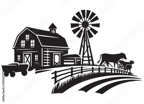 Rustic farm landscape with barn and windmill silhouette vector art