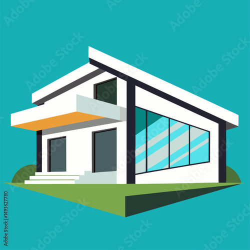 vector illustration of a modern house, An illustration of a modern two story house with a front porch, a yard, and trees.