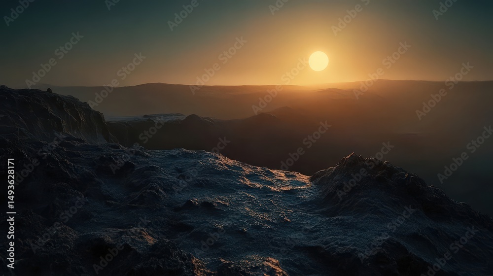Fototapeta premium Breathtaking sunrise over a distant valley, casting golden hues across the rocky landscape and creating a serene atmosphere.