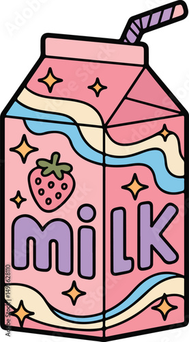 Kawaii Strawberry Milk Carton Vector Illustration