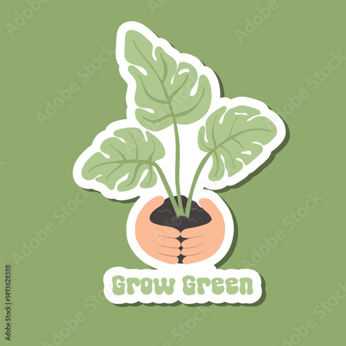 Sticker of cupped hands with fertile soil and green sprout and lettering Grow Green. Nature, hope and sustainability