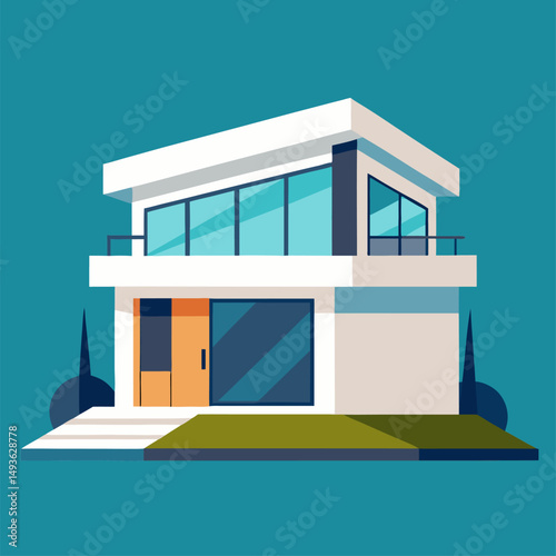 vector illustration of a modern house, An illustration of a modern two story house with a front porch, a yard, and trees.