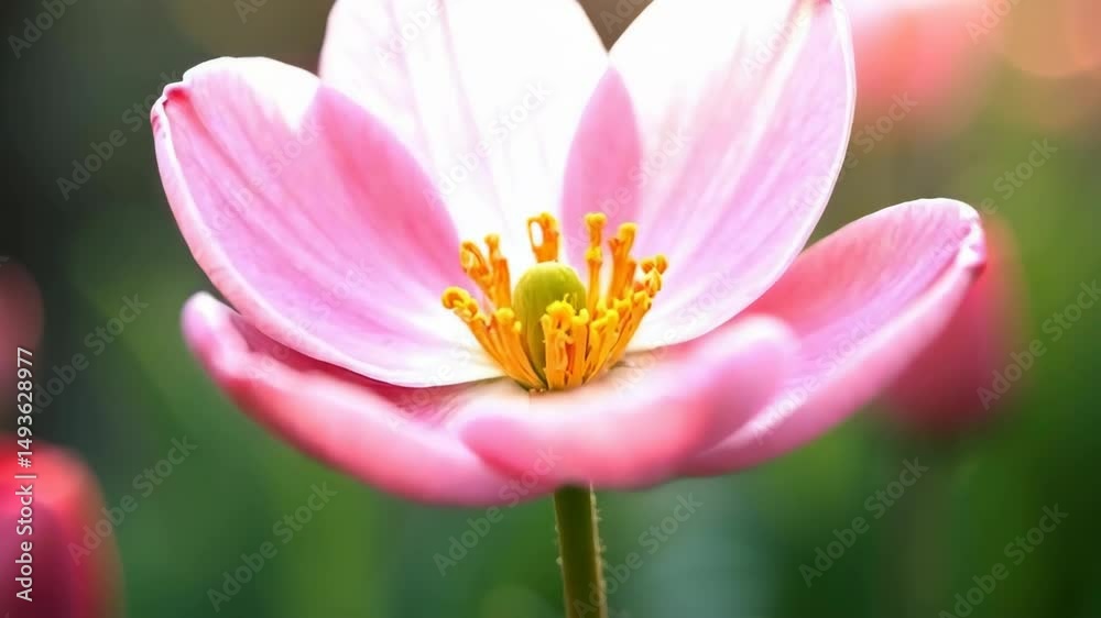 Beautiful blooming pink flower close-up in a field, camera zoom. Beautiful blooming pink flower close-up in a field, camera zoom.