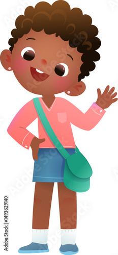 Cute Black high school African American Schoolgirl with Schoolbag Waving. Black girl character goes to study at School. Kids learning and studying. Children back to school vector illustration clip art