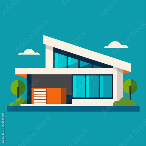 vector illustration of a modern house, An illustration of a modern two story house with a front porch, a yard, and trees.