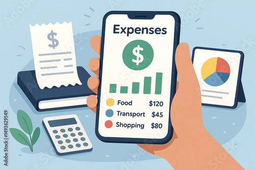 A hand holding a smartphone displaying expense tracking data