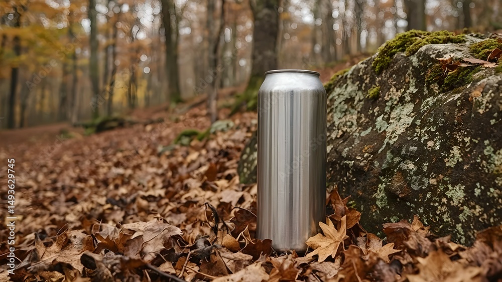 Obraz premium Beverage in a Forest: A close-up view showcases a metallic beverage can nestled among fallen leaves, surrounded by trees in the natural beauty of the forest, ready to drink.