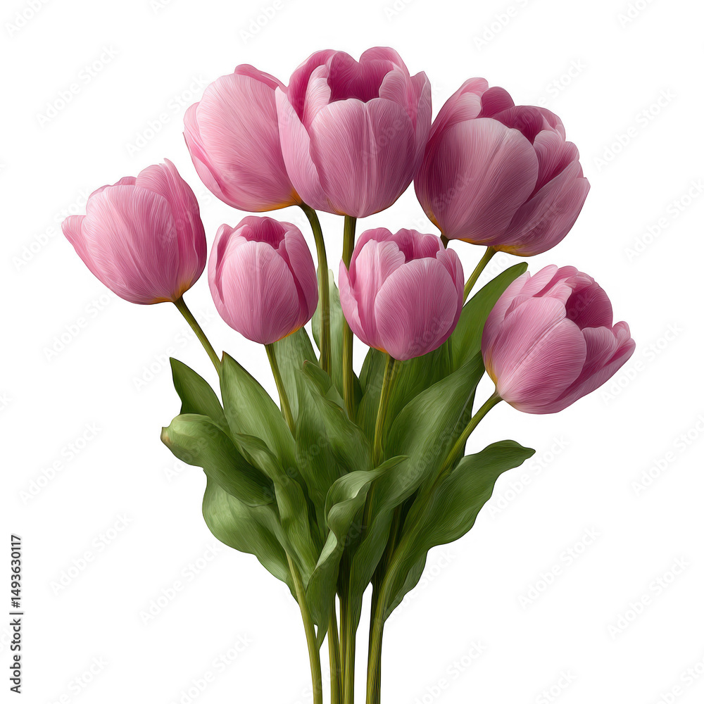 Fototapeta premium A bouquet of six pink tulips on black