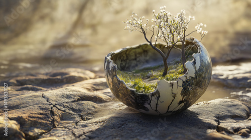 Cracked ceramic bowl holding blooming trees and moss on a rocky sunlit surface