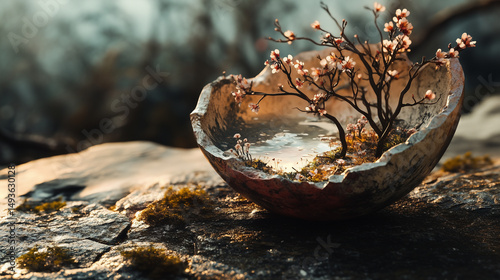 Bonsai tree in bloom inside broken ceramic bowl with water on rocky surface