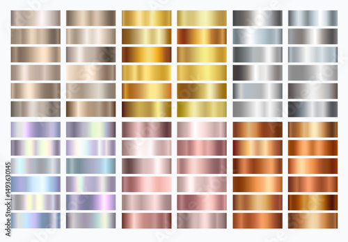 Gold rose, silver, bronze, copper and golden foil texture gradation background set. Vector shiny and metalic gradient collection for border, frame, ribbon design