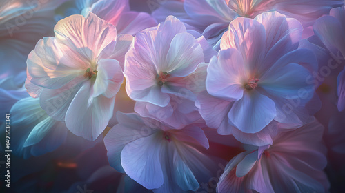 Delicate pastel blossoms glowing in soft pink, lavender, and blue light