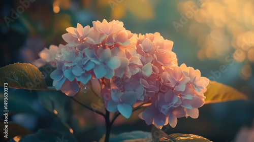 Close-up of pastel hydrangea blossoms with dew in soft golden light