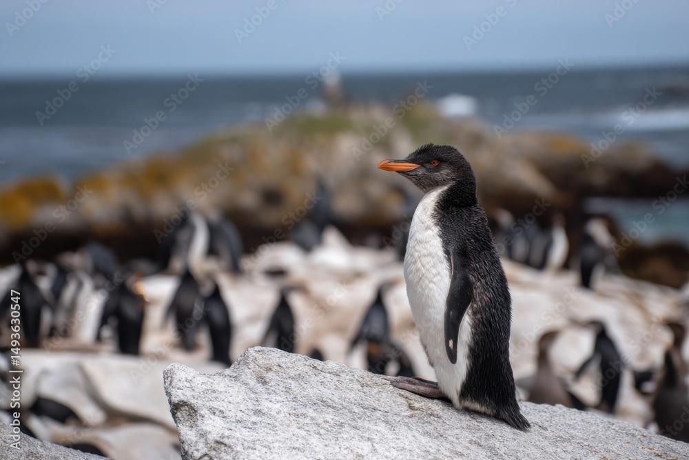 Obraz premium Gentoo penguin standing on rock with ocean view and colony in background during daylight at coastal location