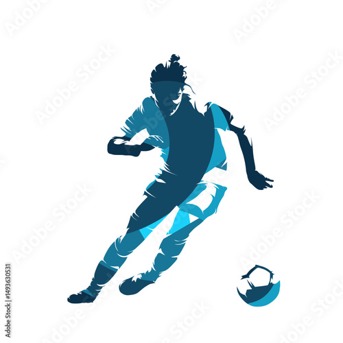 Soccer, female football player running with ball, abstract blue isolated vector silhouette