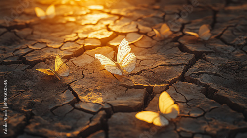 Delicate butterflies resting on cracked dry soil bathed in golden sunset light