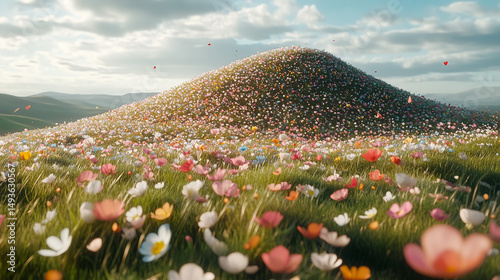 Colorful wildflower-covered hill under blue sky with petals drifting across spring meadow