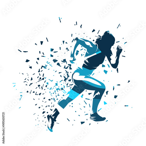 Run, athletics, running woman with distortion effect, female sprinter clipart, abstract blue isolated vector silhouette, side view