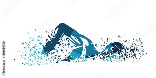 Crawl swimming style. Male swimmer, abstract blue isolated vector illustration, swim silhouette