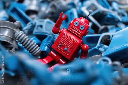 Bright red robot toy surrounded by blue plastic parts in a playful and colorful setting